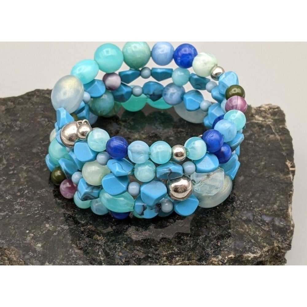 Aqua Blue Beaded Wire Stretch Bracelet with Silver Tone Embellishments
